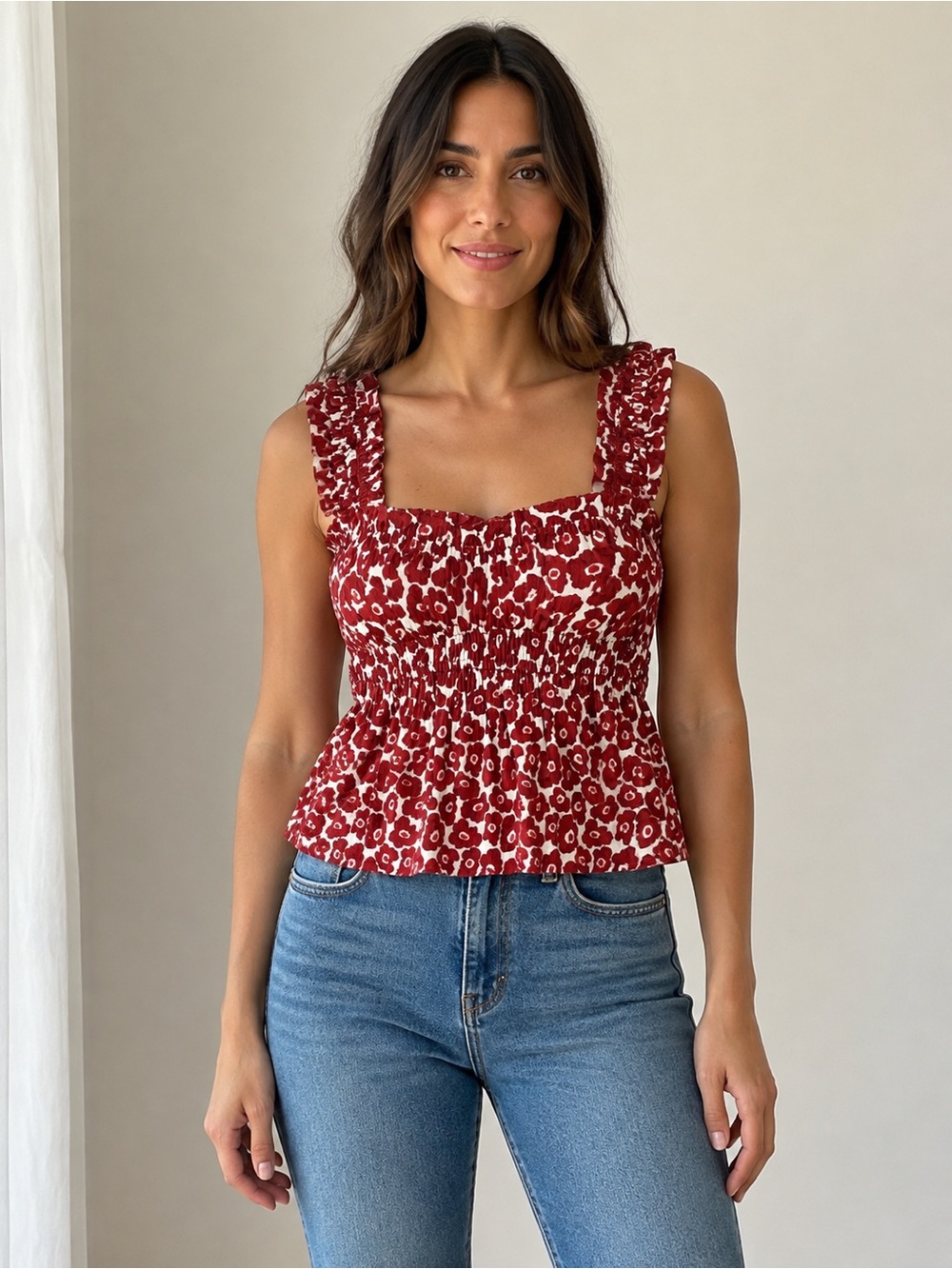 Thirty/Thirty LA floral smocked peplum top, size small